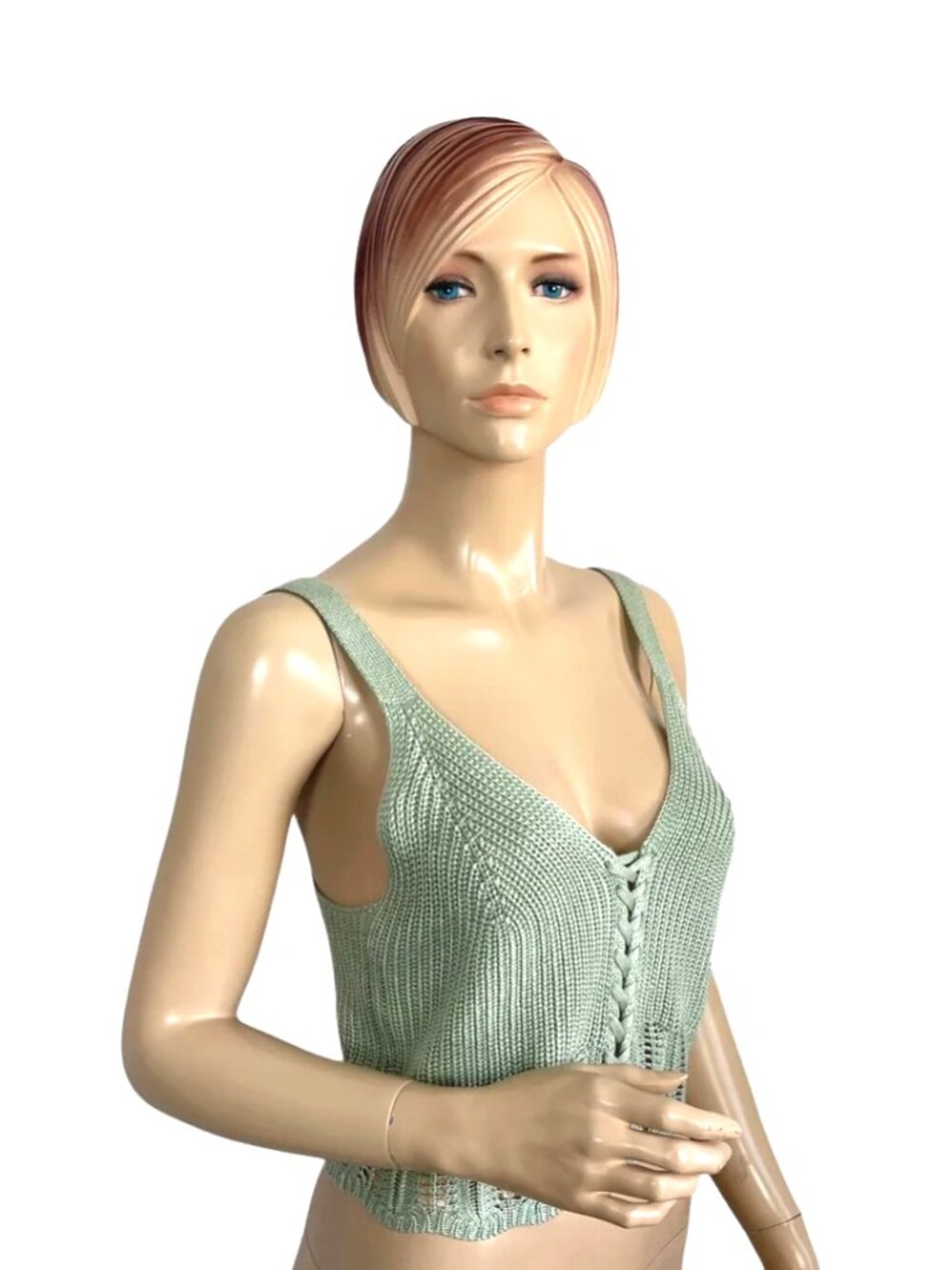 Jolie & Joy By FCT With Love Braided Lace-Up Sweater Crop Top in Sage Green - Picture 3 of 9